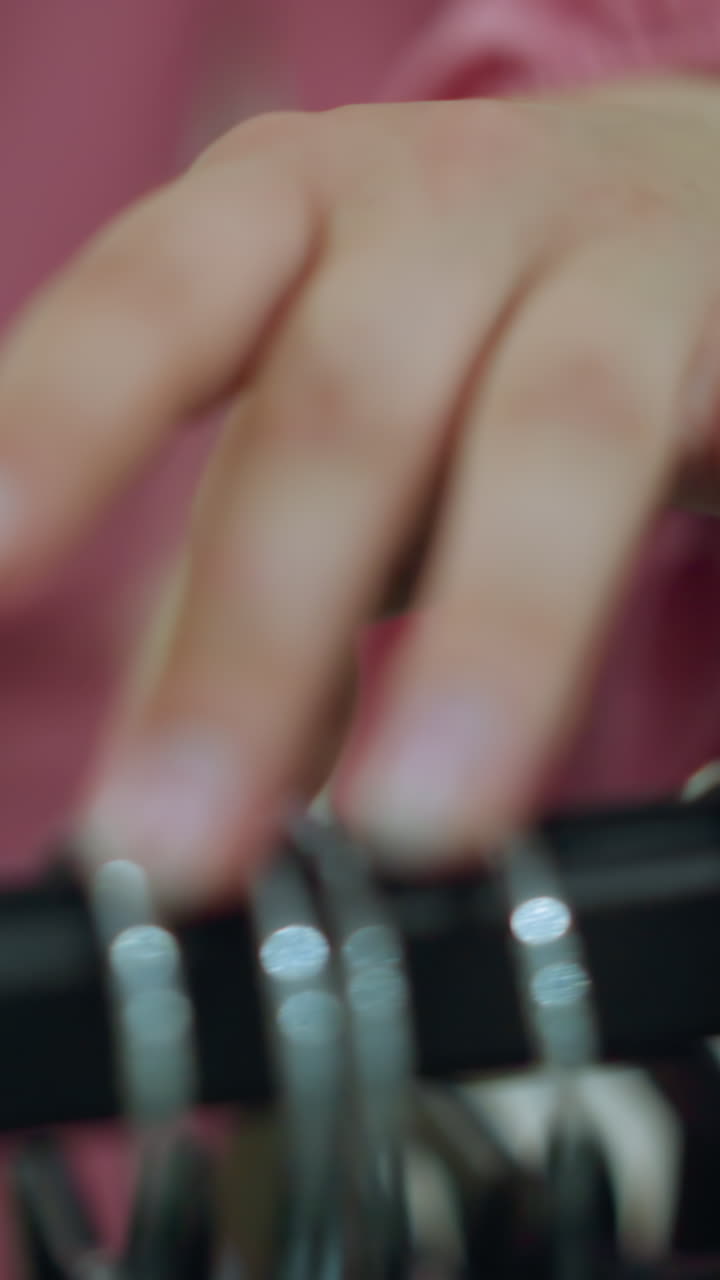 핑크색 셔츠를 입고 있는 손이 금속 커로 가득 찬 옷장을 둘러보며 밝은 불빛으로 조명된 쇼핑몰에서 옷을 들고 있는 사람, 크에서 다른 물건들을 흐릿하게 볼 수 있다.