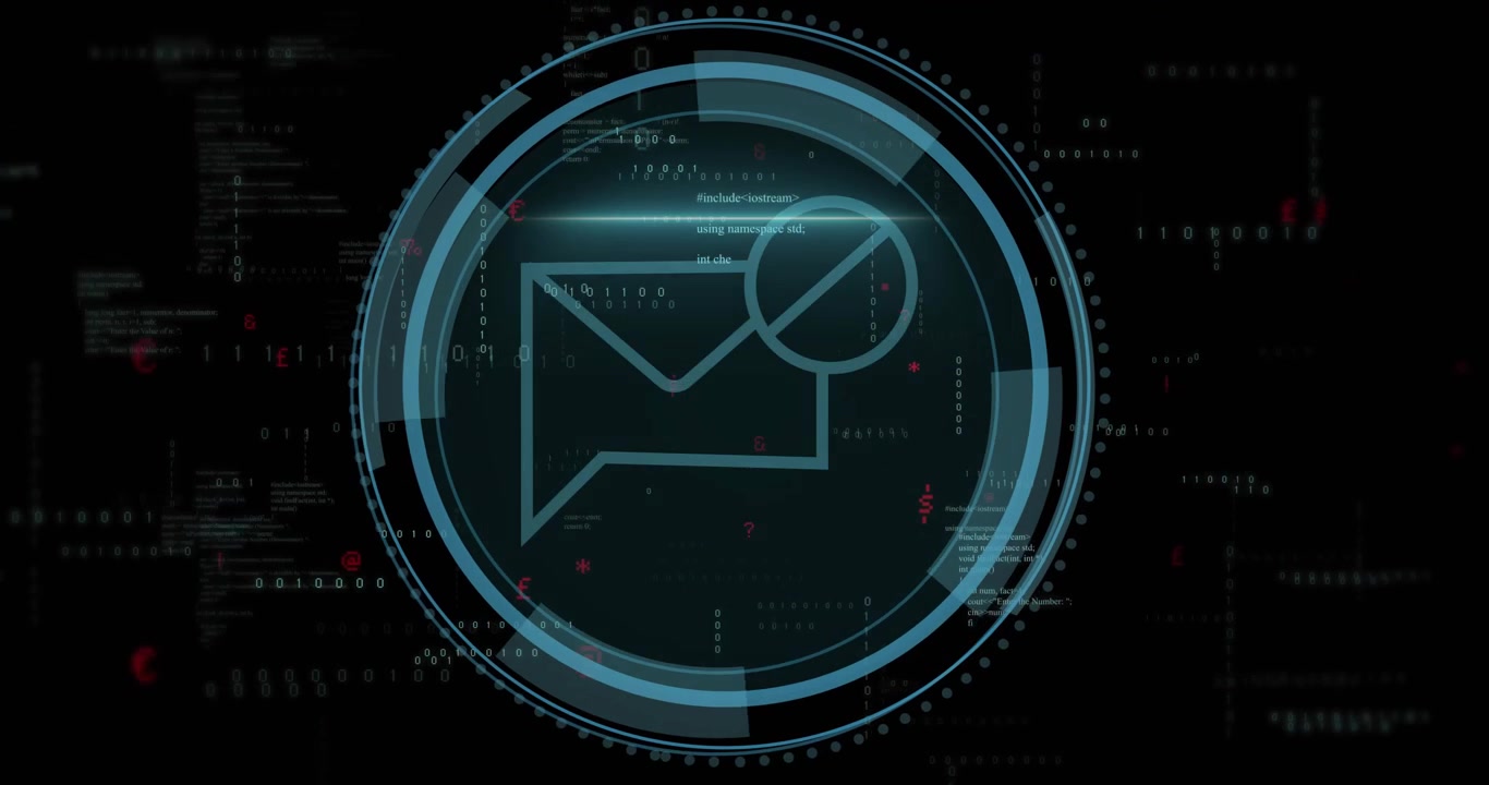 Email icon and coding data processing over dark digital background
