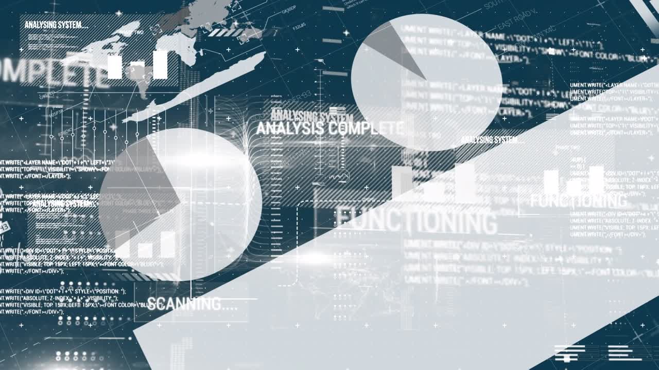 Animation of data processing and icons over icons over cityscape