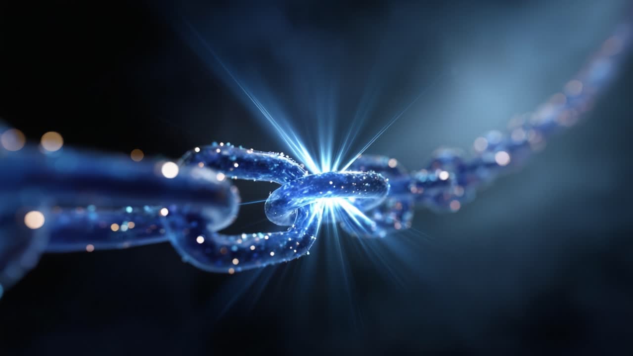 A Glimmering Chain Connection: Illuminated Links in a Dark Background Showcasing the Beauty and Strength of Unity Through Detailed Light Effects and Sparkles