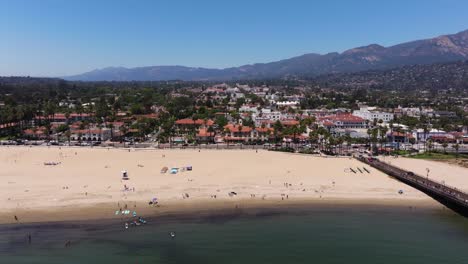 Aerial-View-Above-West-Beach-in-Downtown-Santa-Barbara,-California