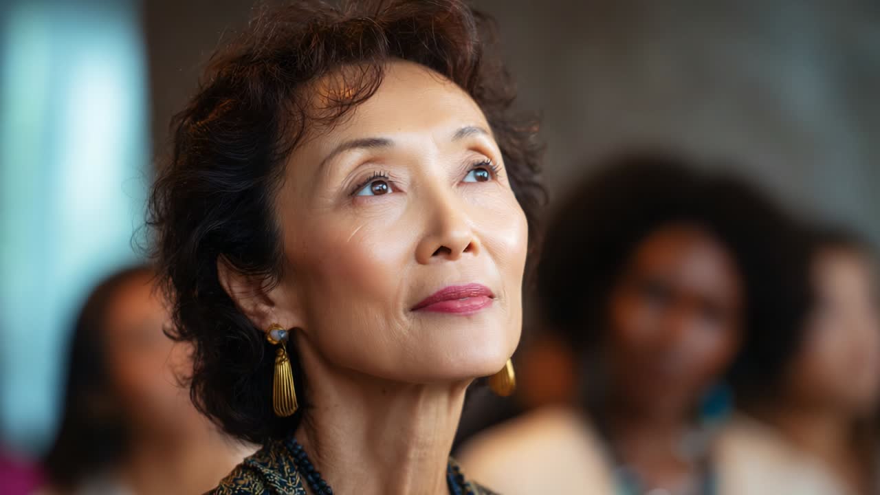 A Captivating Moment of Reflection: An Elegant Woman Lost in Thought During a Meaningful Event, Exuding Wisdom and Grace While Surrounded by an Engaged Audience, Embracing Introspection and Connection