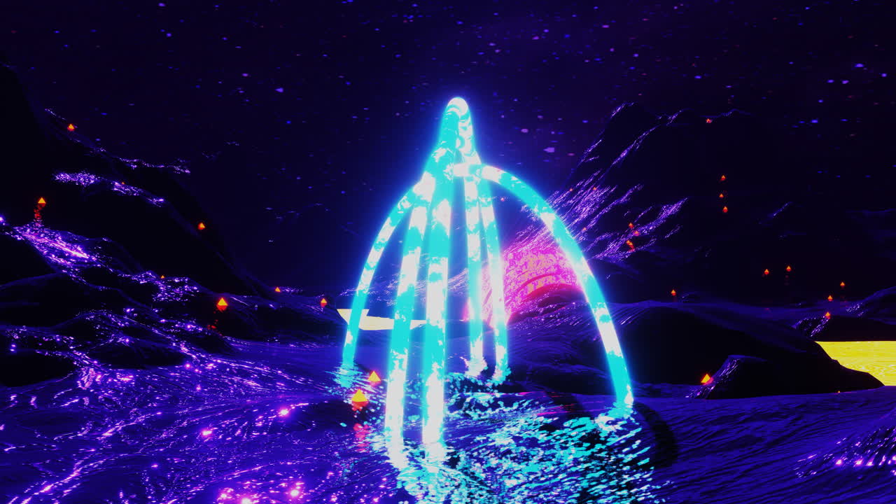 네온 아케이드와 함께 레트로 코스모스 은하 행성