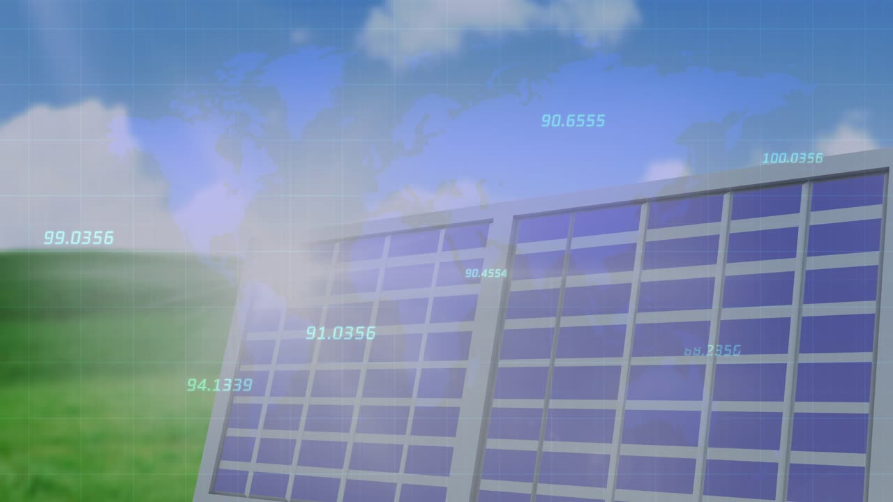 Animazione di un elemento rosso rotante e di elaborazione dati su una sala server.