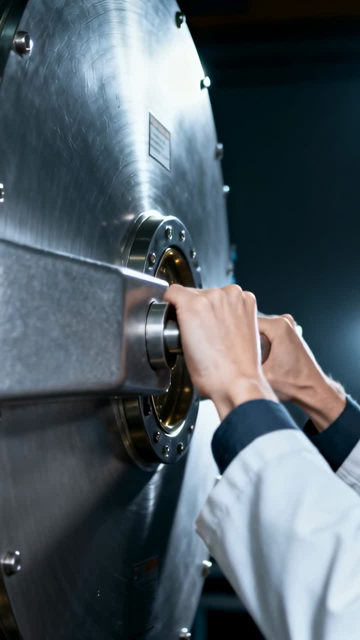 Video verticale: Presa di una maniglia, mani in camice da laboratorio girano un portello d'acciaio in laboratorio per aprirlo, con bulloni.