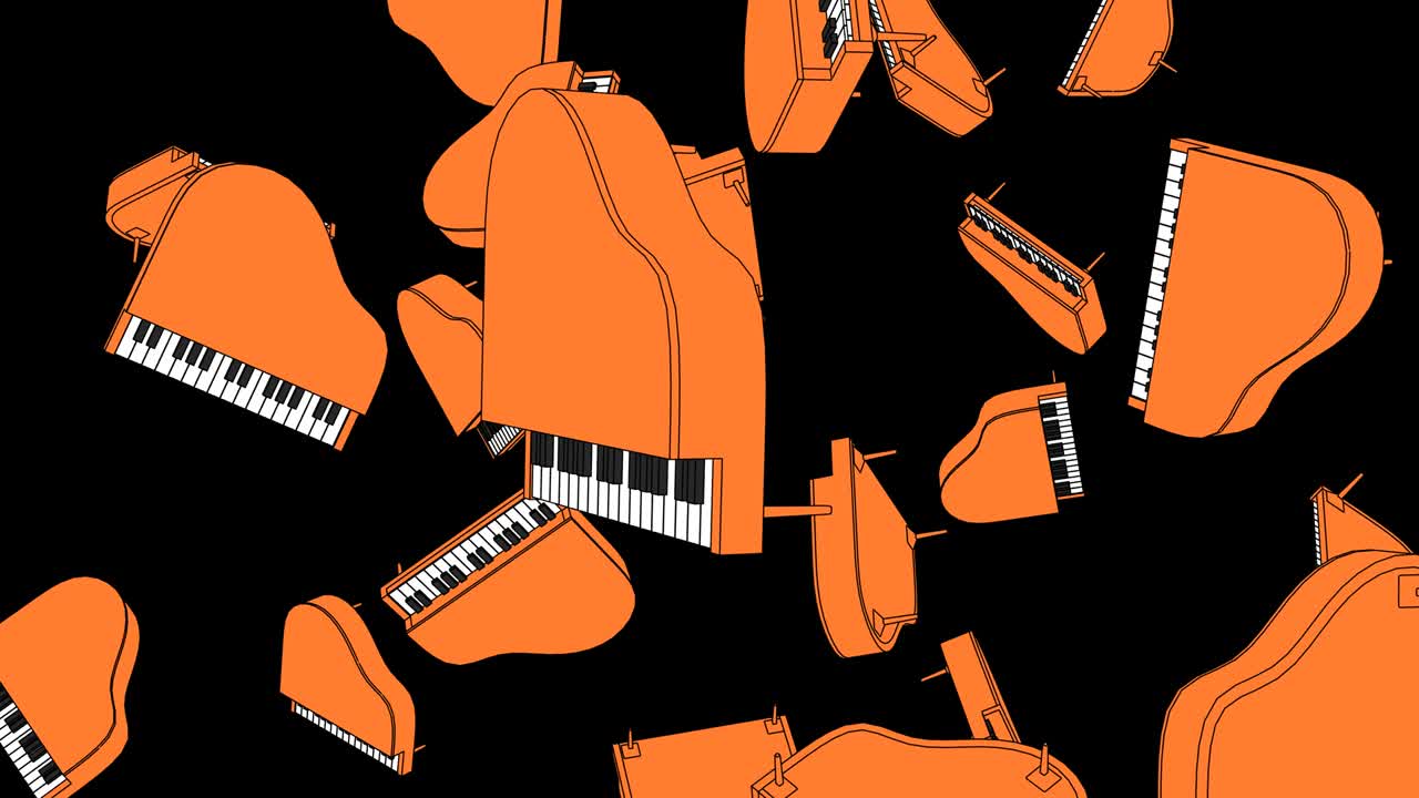 검은 바탕에 많은 오렌지색 피아노가 있습니다.