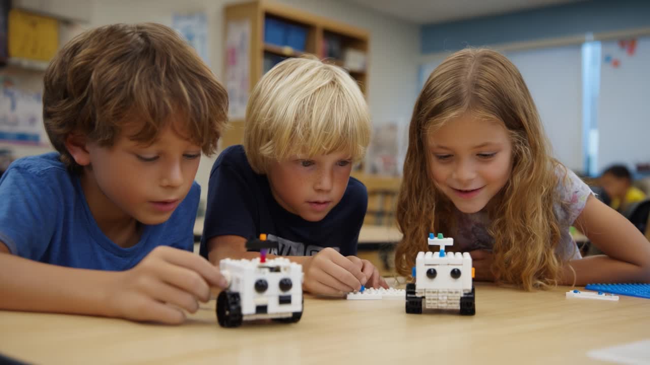 Engaged Children Collaborating on Creative Robotics with LEGO in Classroom Setting, Fostering Teamwork and Problem-Solving Skills Through Hands-On Learning Activities