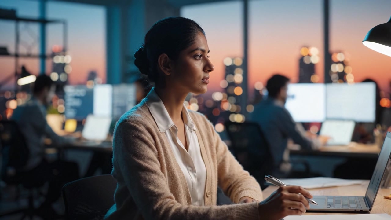 Focused Professional Working Late at a Desk in a Modern Office with Colleagues in the Background and a Beautiful Cityscape Through the Window
