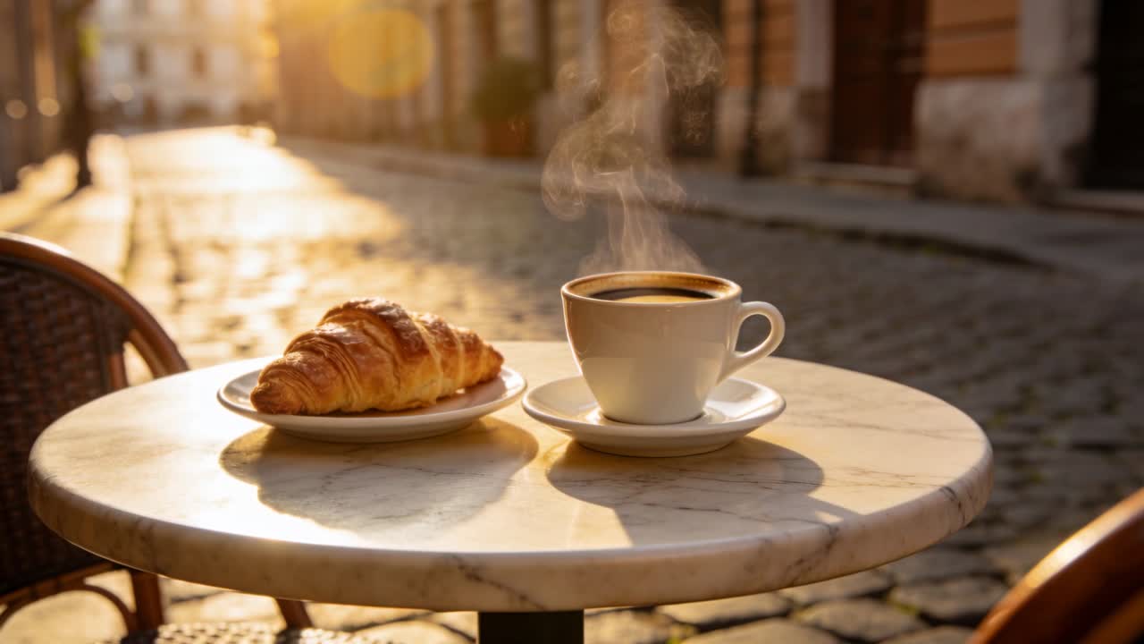 Tazza di porcellana bianca che rilascia vapore, illuminata dal sole su tavolino da bistrot in marmo, con cornetto