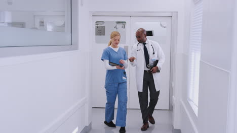 doctor in white coat and nurse in scrubs having discussion over digital tablet in hospital corridor