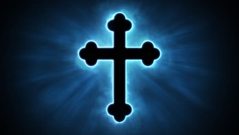 uplifting and deeply inspiring reveal animation of an ornate and holy blue christian crucifix cross, in a smoky mystical glow and emating shining god rays and light beams, on a black background