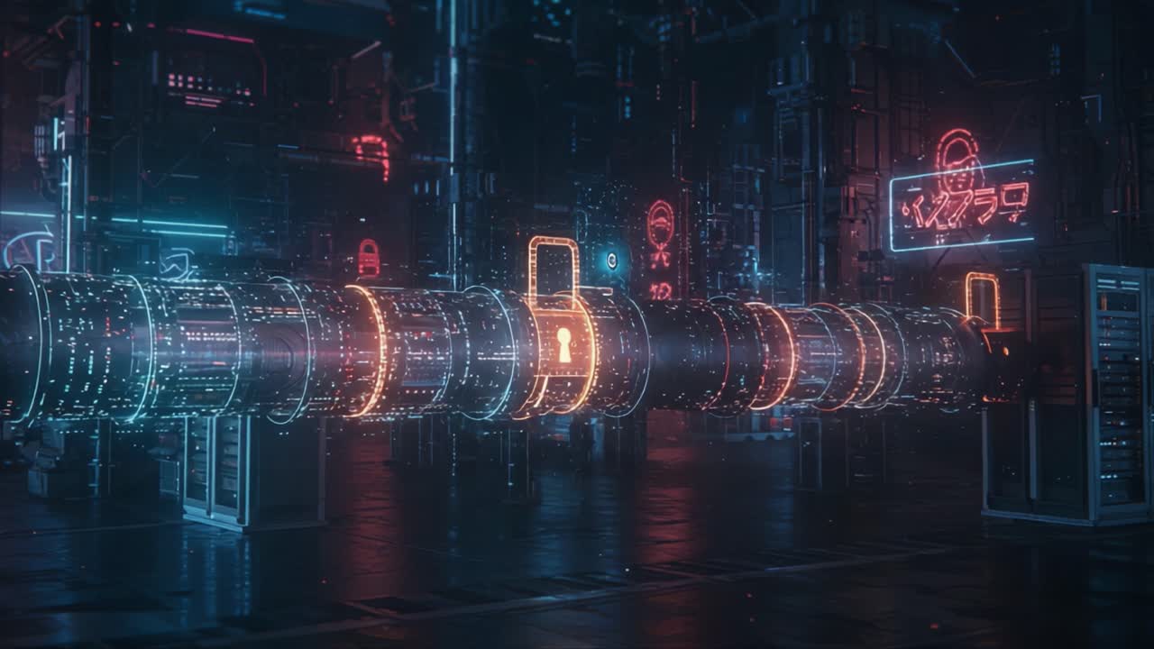 Futuristic Digital Locking Mechanism in a Neon-Infused Cyber Environment, Showcasing High-Tech Security Features with Glowing Visual Elements and Data Streams