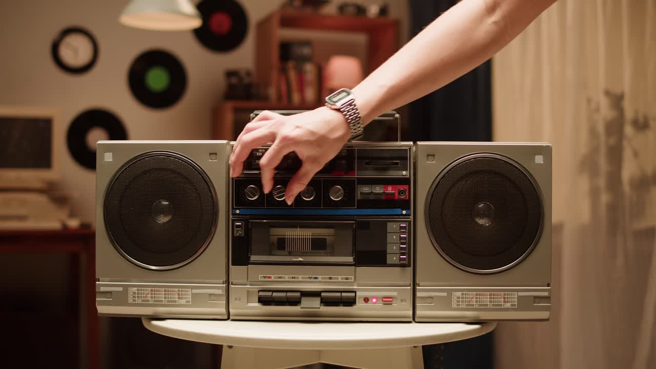 Vintage Boombox with Person Adjusting Controls