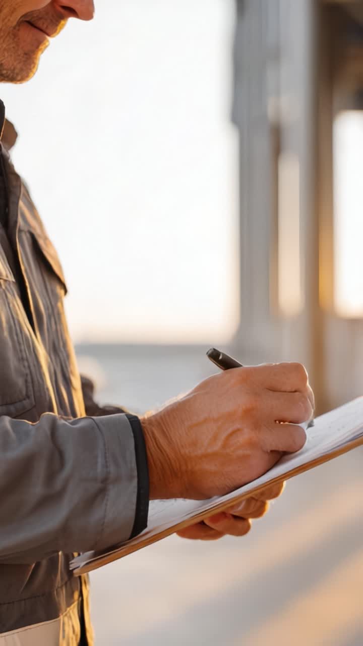 Un individuo concentrado tomando notas en un portapapeles mientras está de pie al aire libre en un entorno sereno al atardecer, capturando la esencia de la productividad y la reflexión