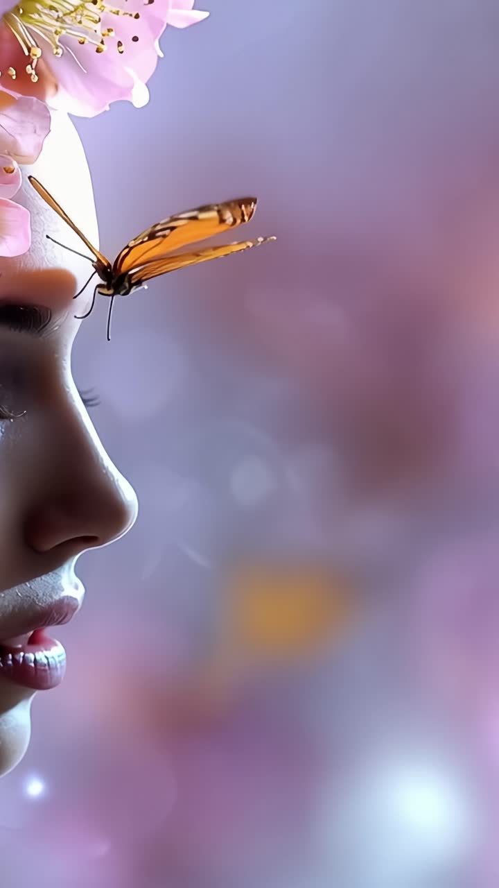 Un ritratto sereno di una donna con una farfalla che esalta la sua bellezza eterea tra delicati accenti floreali in un ambiente sognante e luminoso.