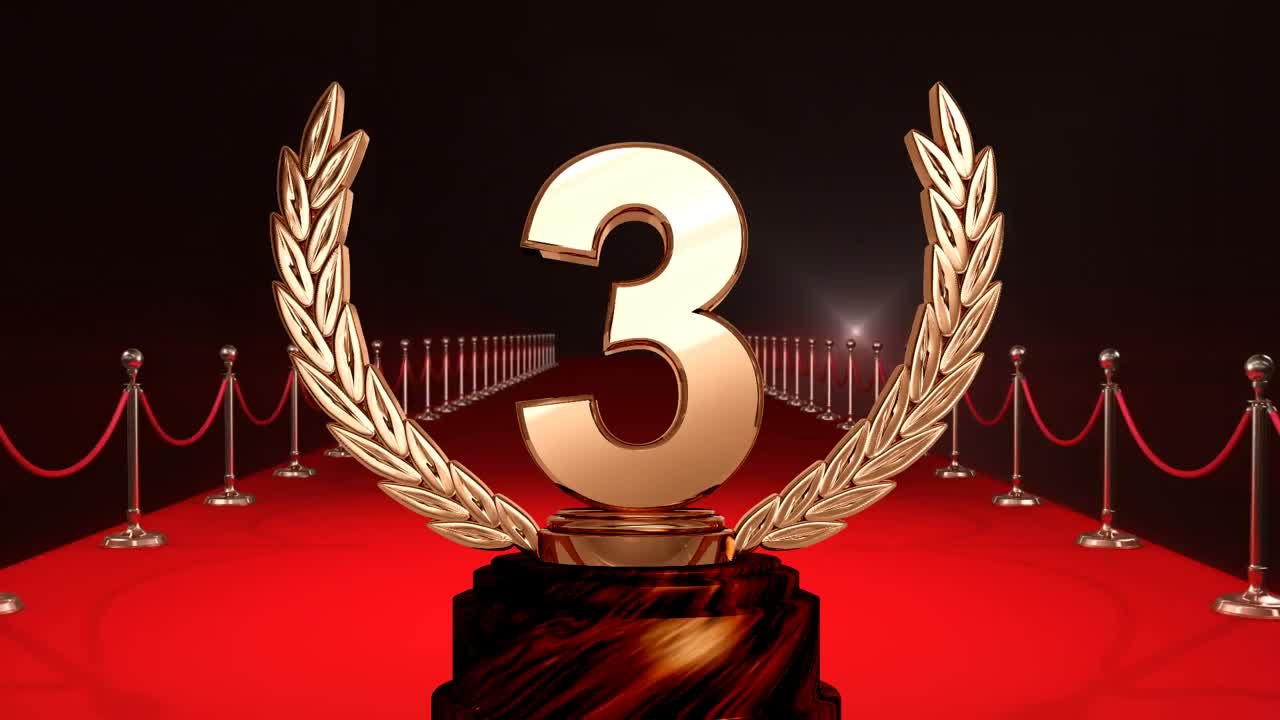 Animation of third place award trophy at winners' red carpet prize giving ceremony
