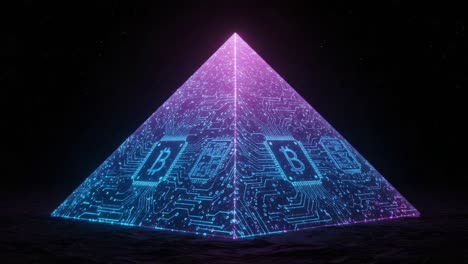 a futuristic digital pyramid illuminated with glowing blockchain symbols, representing the intersection of technology, cryptography, and modern finance in a virtual space
