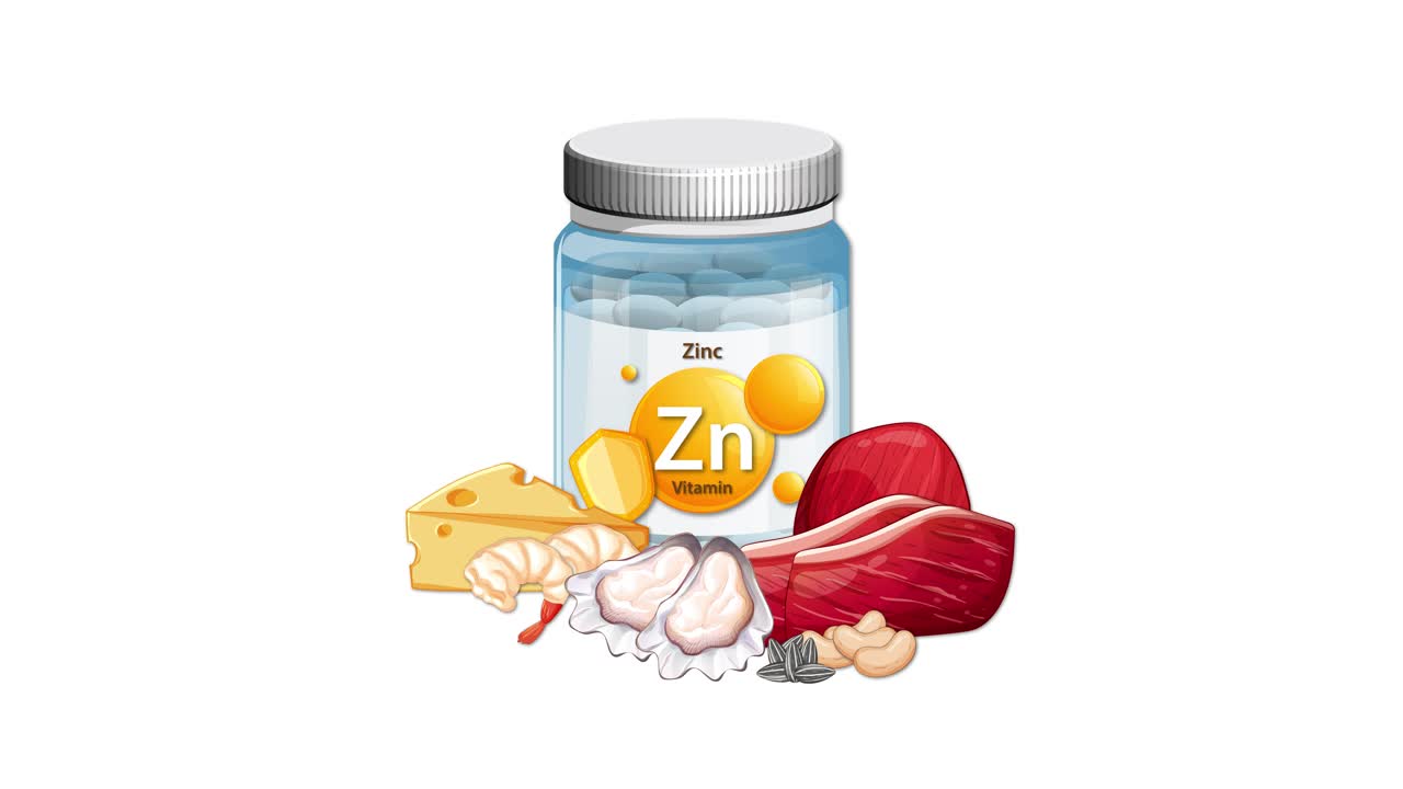 Zinc supplement bottle with cheese, meat, garlic, and nuts appearing in smooth, sequential animation