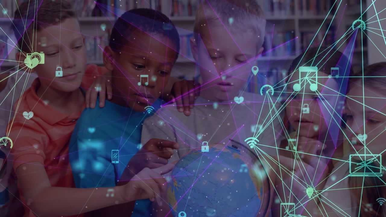Animation of network of connections over diverse schoolchildren with globe