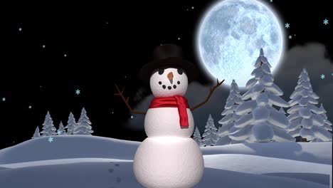 Animation-of-snow-falling-over-happy-snowman-in-winter-scenery