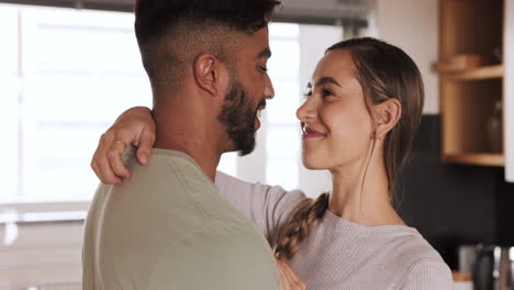 love, couple and dance in kitchen