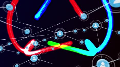 Animación-De-Red-De-Conexiones-De-Iconos-De-Correo-Electrónico-Sobre-Fondo-Negro-Con-Luces-Azules-Y-Rojas