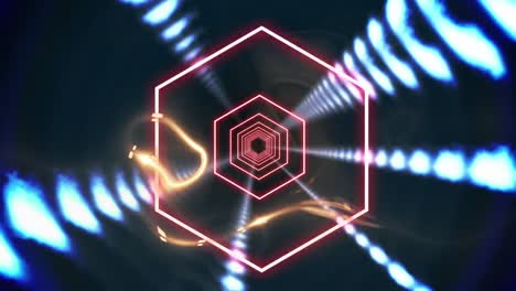 Animation-of-glowing-hexagons-spinning-in-tunnel-of-glowing-lights