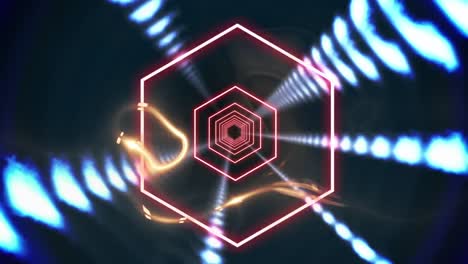 animación de hexágonos brillantes girando en un túnel de luces brillantes