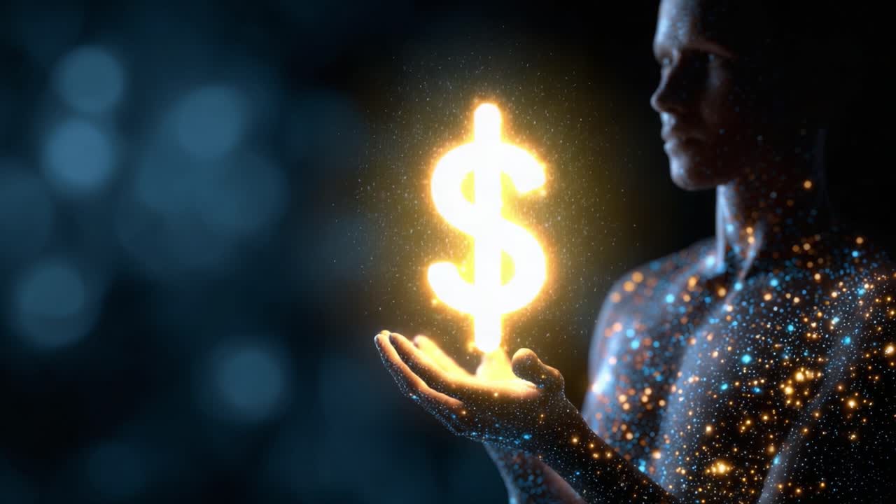 Figura illuminata che tiene in mano un simbolo del dollaro scintillante circondata da particelle cosmiche scintillanti in uno sfondo onirico di colori e luci luminosi