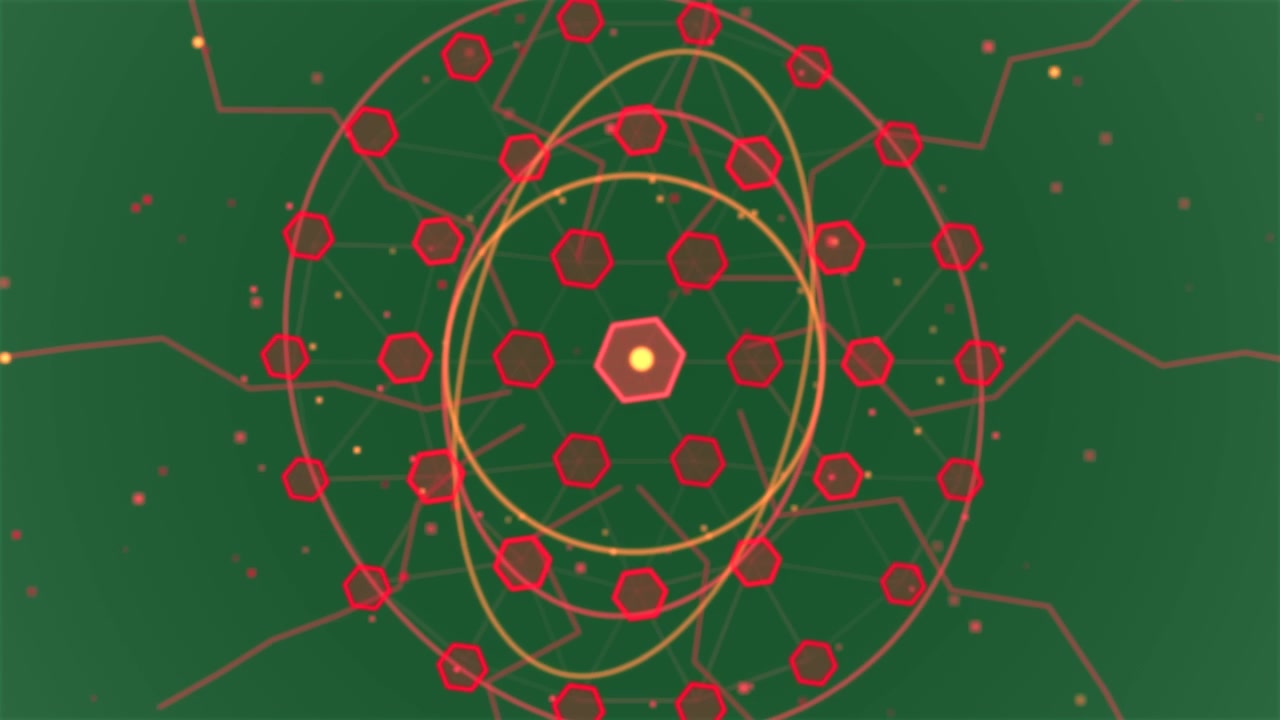 Scintille rosse che si uniscono, esagono luminoso, nodi che riempiono un anello, orbite che ruotano, formando un hub, trasparente.
