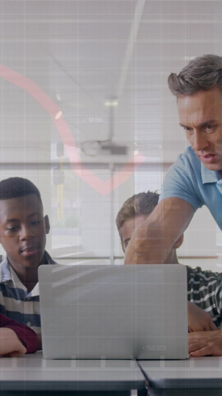 Animation of data processing over diverse schoolchildren and teacher using laptop