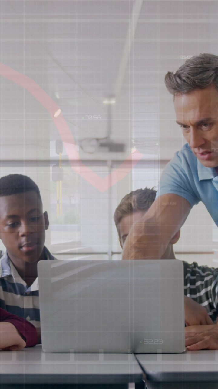 Animation of data processing over diverse schoolchildren and teacher using laptop