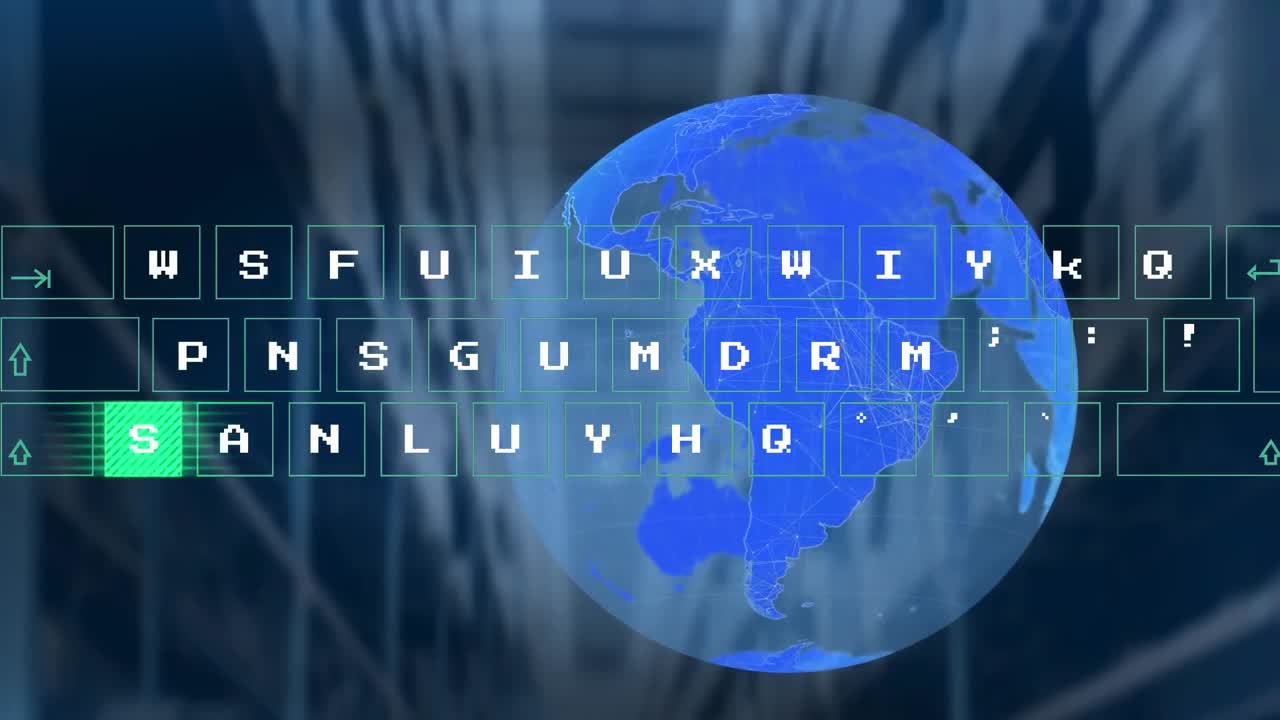 Animation of abstract pattern moving on keyboard over globe against low angle view of warehouse