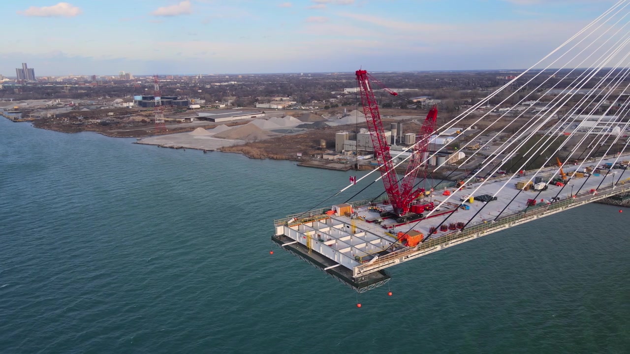 Construction progress of the Gordie Howe International Bridge Over the Detroit River