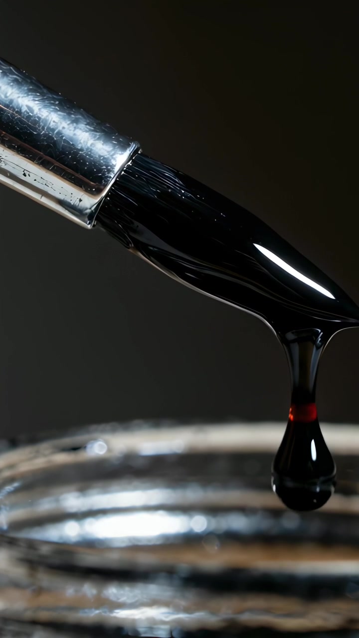 Vertical video: Releasing metal nozzle producing black drop into ribbed jar in studio joining pool