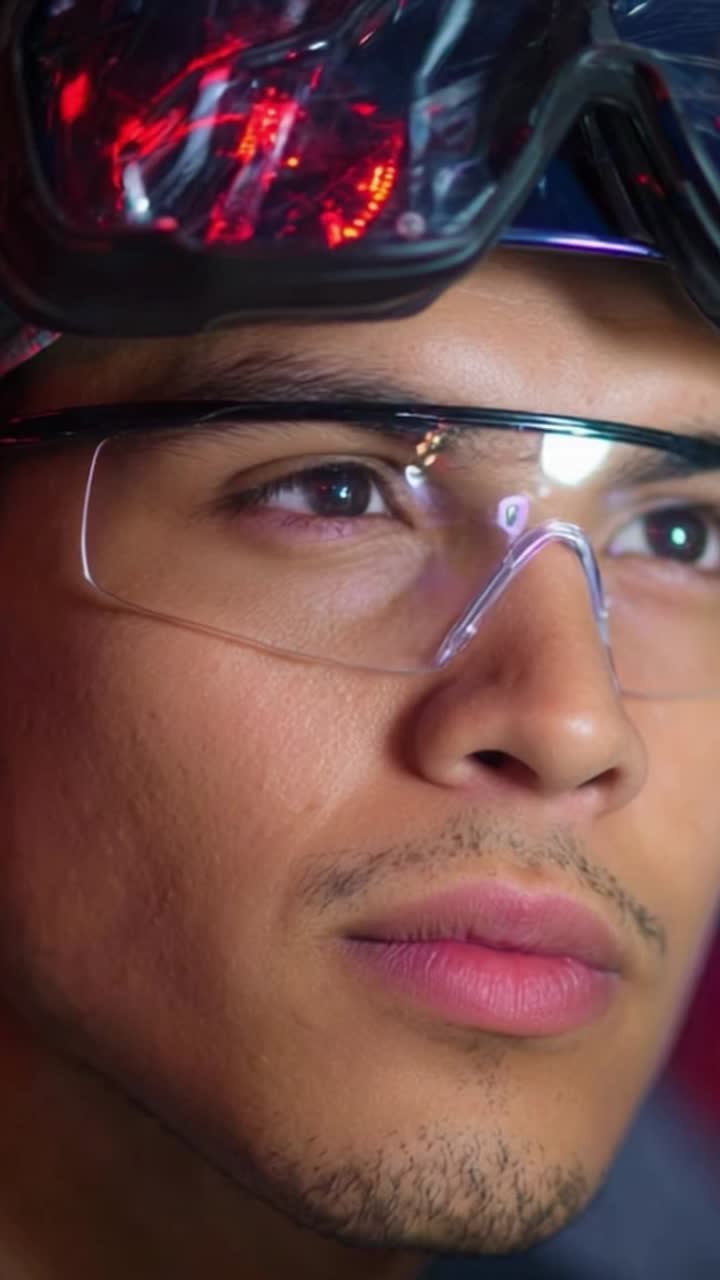 Focused gaze of a young male wearing protective goggles, showcasing determination and attention to detail in a vibrant and dynamic environment