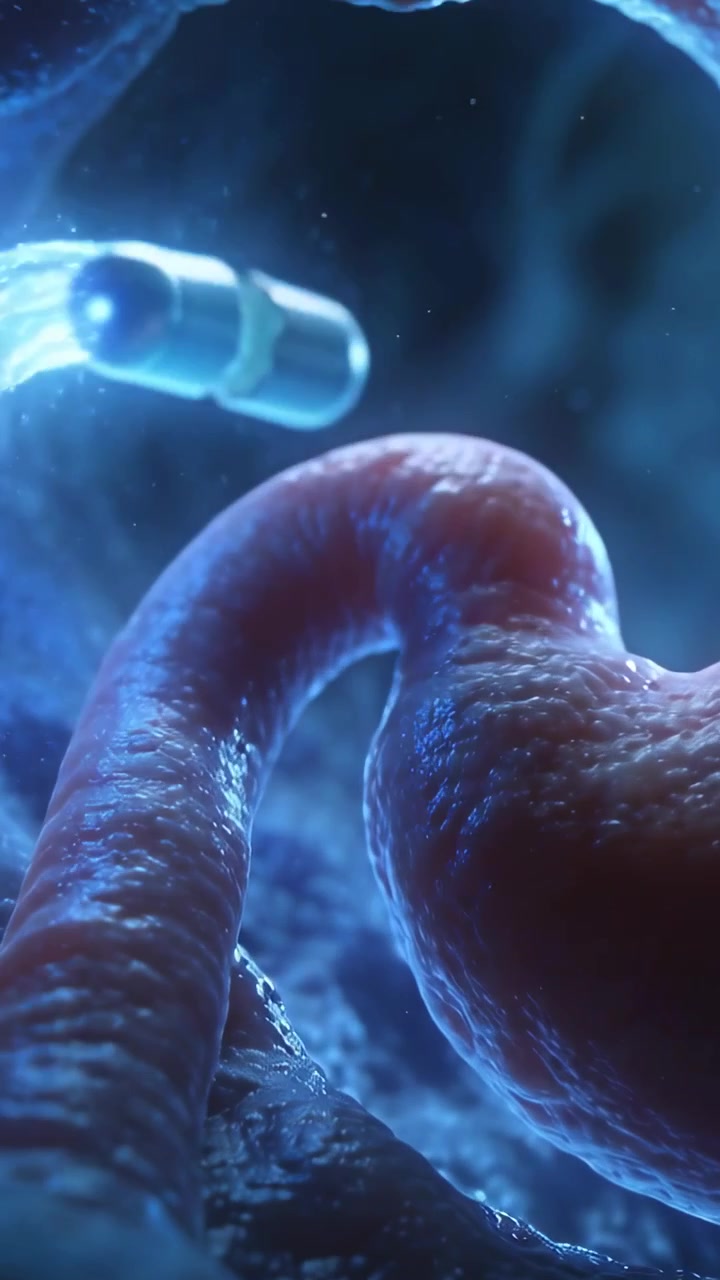 Vertical video: Traveling capsule shedding shell and emitting glow, lighting mucosal fold in gut