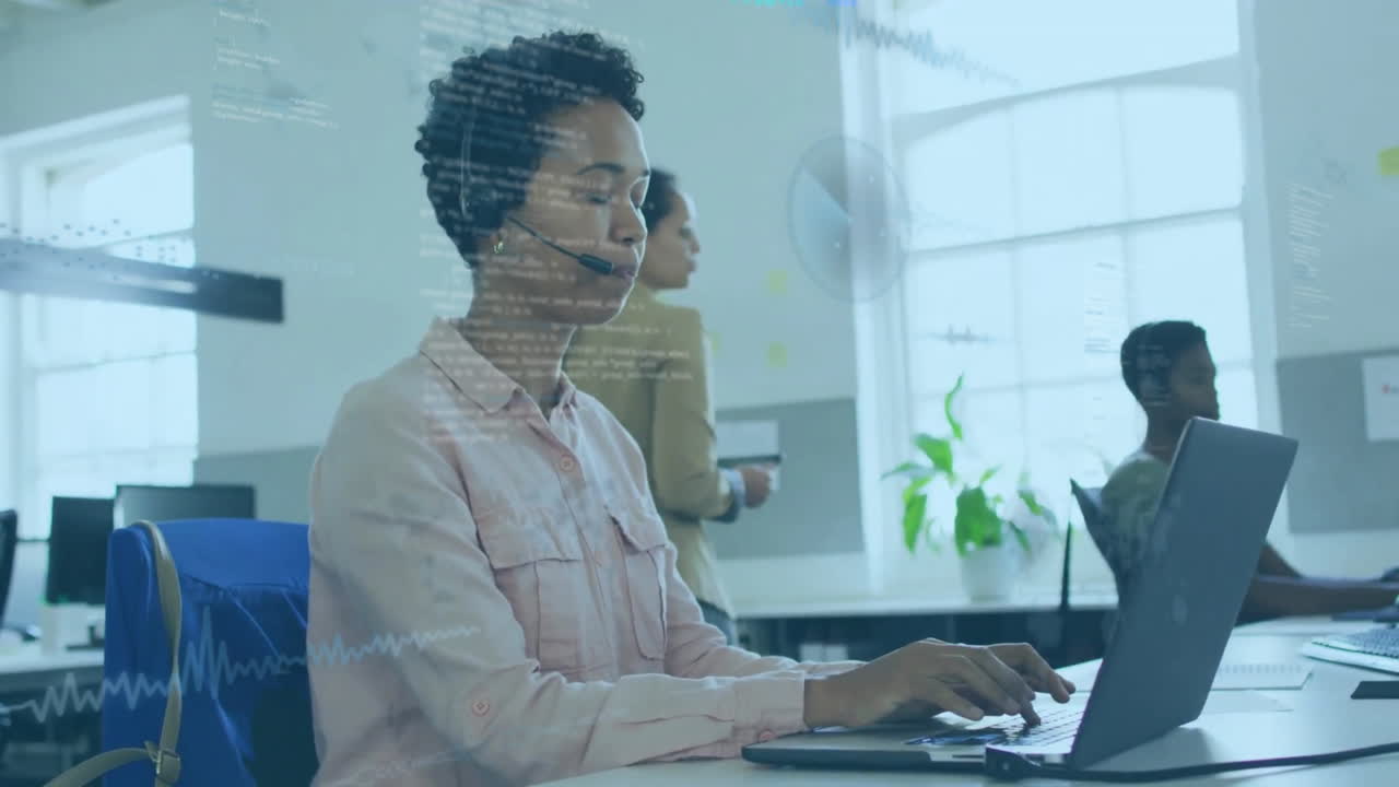 Animation of financial data processing over diverse business people in office