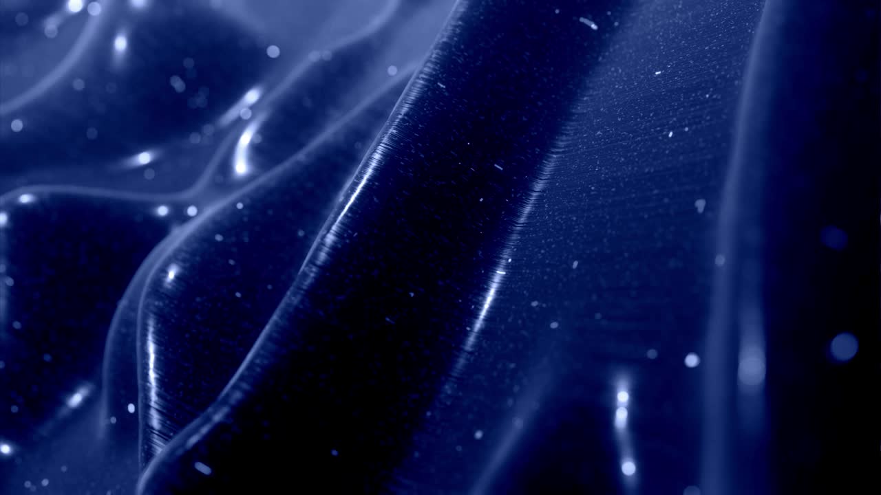 Stylish festive black bg. Fantastical abstract looped background, waves move on glossy surface like landscape made of liquid blue wax with sparkles. Beautiful soft background with smooth animation 4k