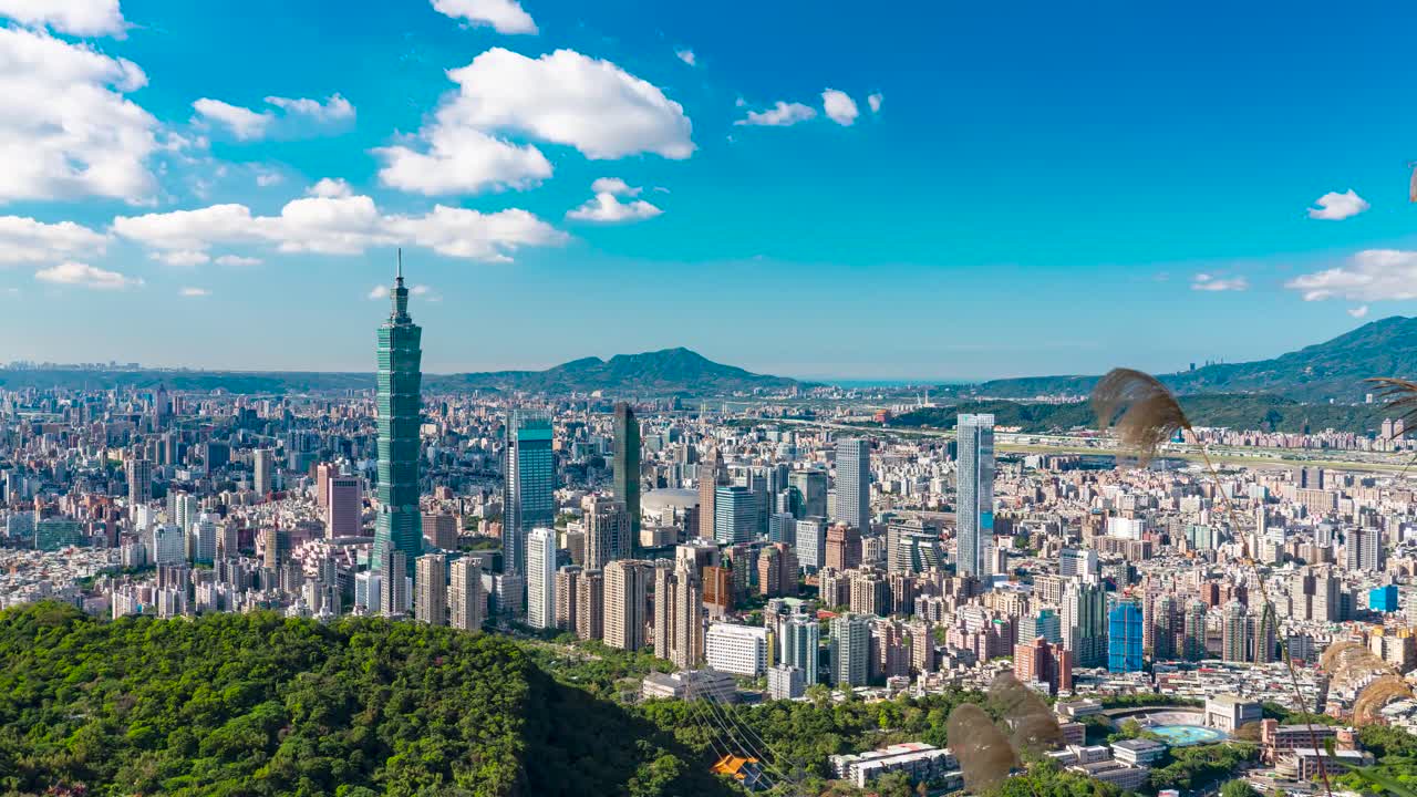 晴れた夏の日の台湾、台北の都市景観。亜熱帯の暖かい気候と澄み切った青空のタイムラプス。