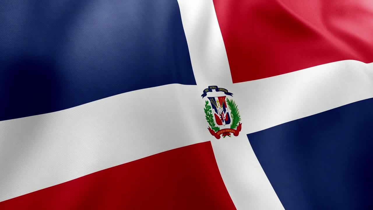 Realistic waving flag of Dominican Republic, red, white, blue, central emblem. Caribbean nation symbol, Santo Domingo, patriotism, Dominican Republic