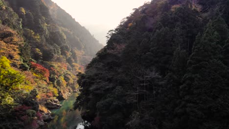 Beautiful-view-of-deep-ravine-with-turquoise-waters-and-fall-colors-at-sunset