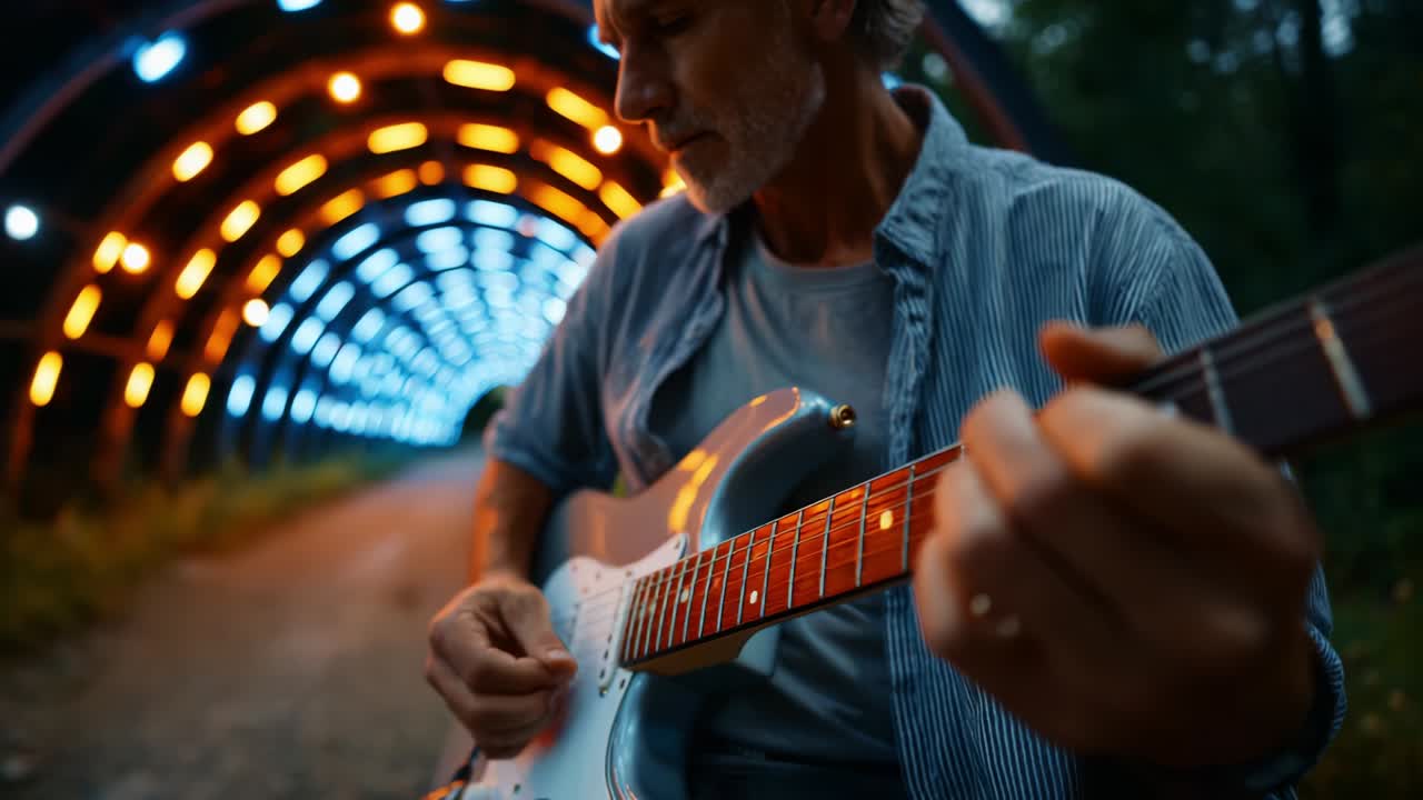 A passionate musician fingers the strings of his electric guitar while serenading the enchanting ambiance within a colorful illuminated tunnel, where vibrant lights create a magical musical atmosphere