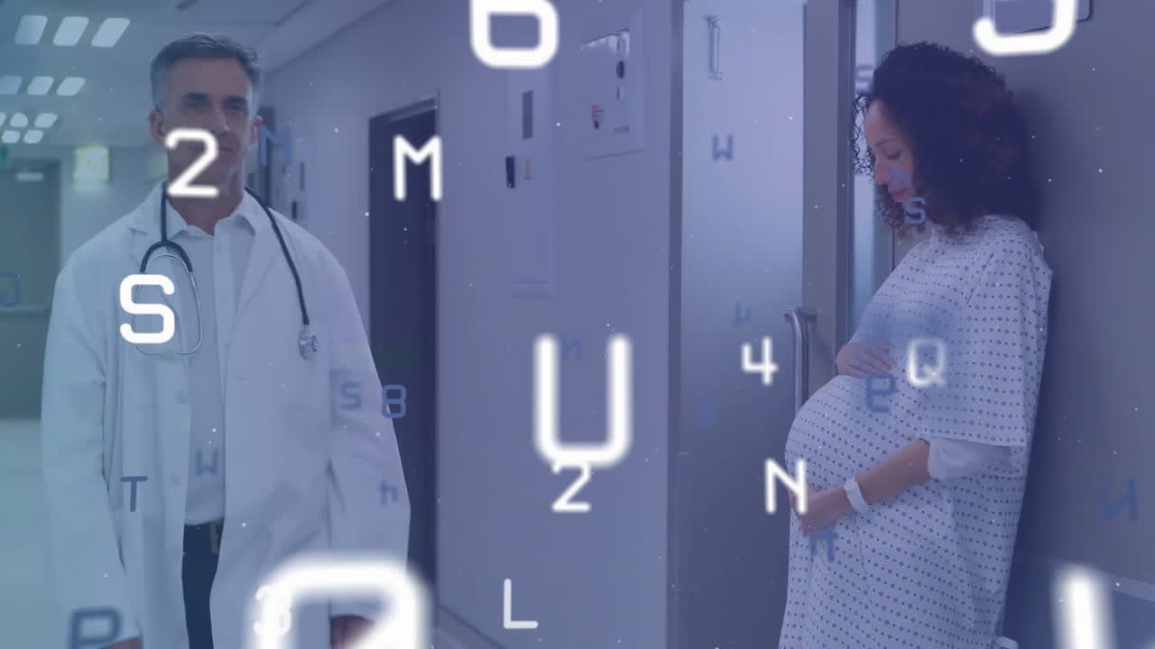 Animazione di una donna incinta di diverse origini che si tocca la pancia e contempla mentre un medico le passa accanto