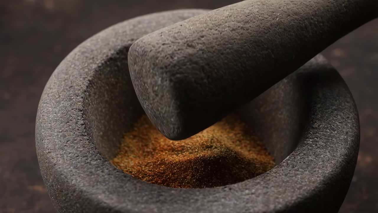 moliendo especias con mortero y pestillo