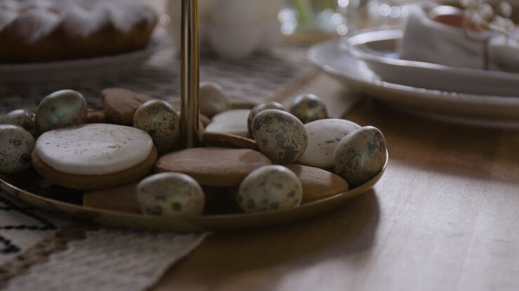 Easter Dinner Table Setting with Cookies and Eggs