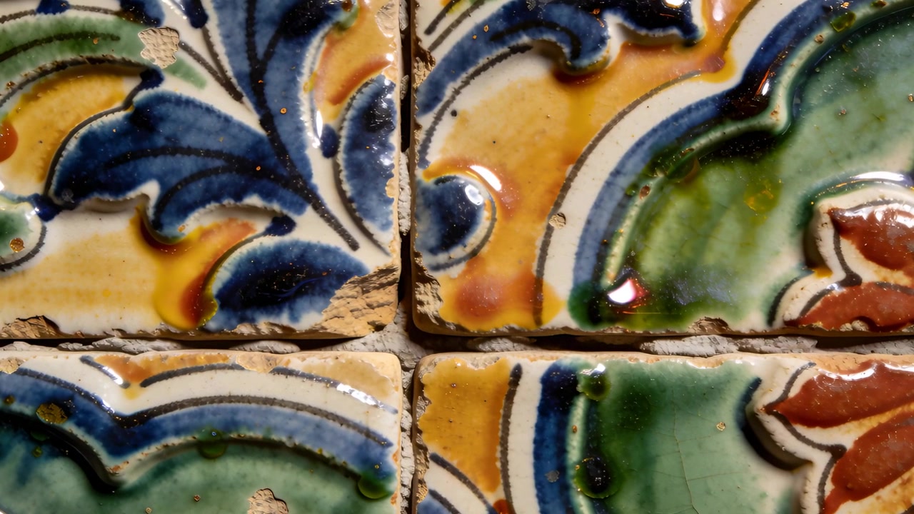 Telecamera a mano che si muove, rifocalizzando un primo piano su una parete interna, rivelando piastrelle a foglia e schegge di stucco.