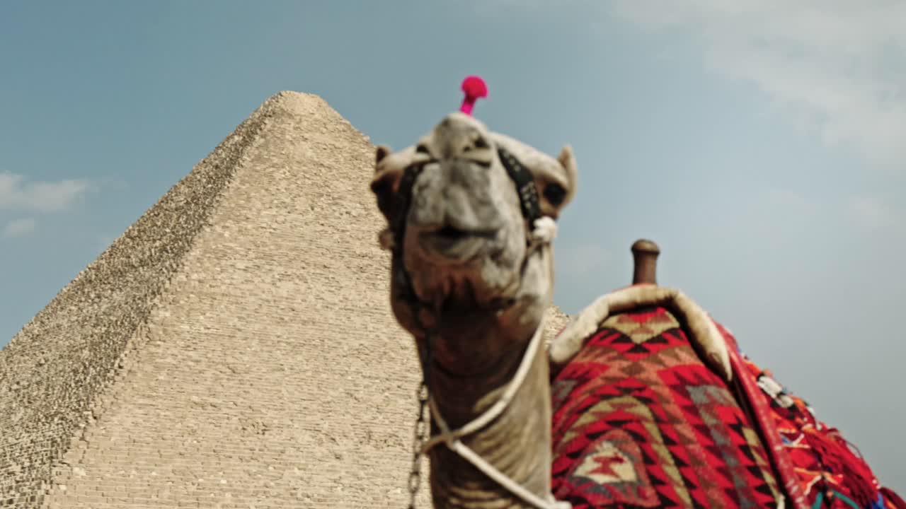A majestic, traditionally decorated camel stands prominently against the colossal backdrop of the Great Pyramid of Giza (Khufu's Pyramid) under a bright blue sky with scattered clouds