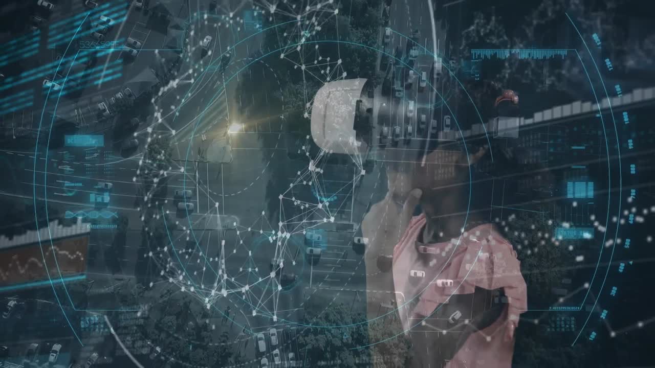 animación del procesamiento de datos sobre una mujer que usa auriculares vr