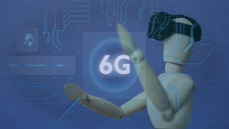 animación de texto 6g, escaneo de alcance y procesamiento de datos sobre un maniquí de madera con auriculares vr